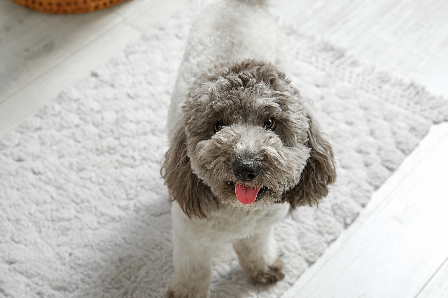Happy gray and white doodle standing on a soft rug at home